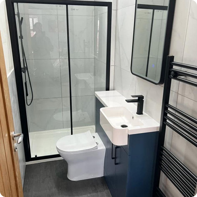 Finished bathroom installation with shower and vanity