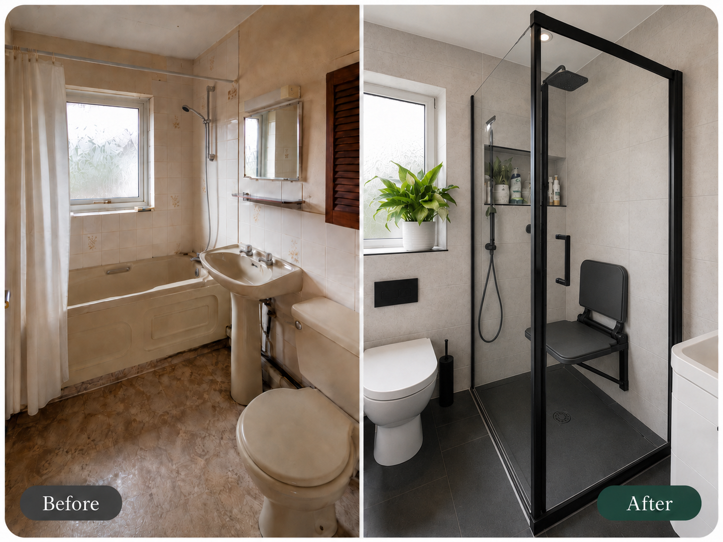 Accessible bathroom adaptation with walk-in shower seat